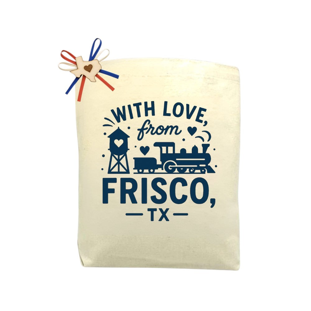With Love from Frisco, TX Canvas Tote Bag featured as a heartfelt Frisco hometown tote