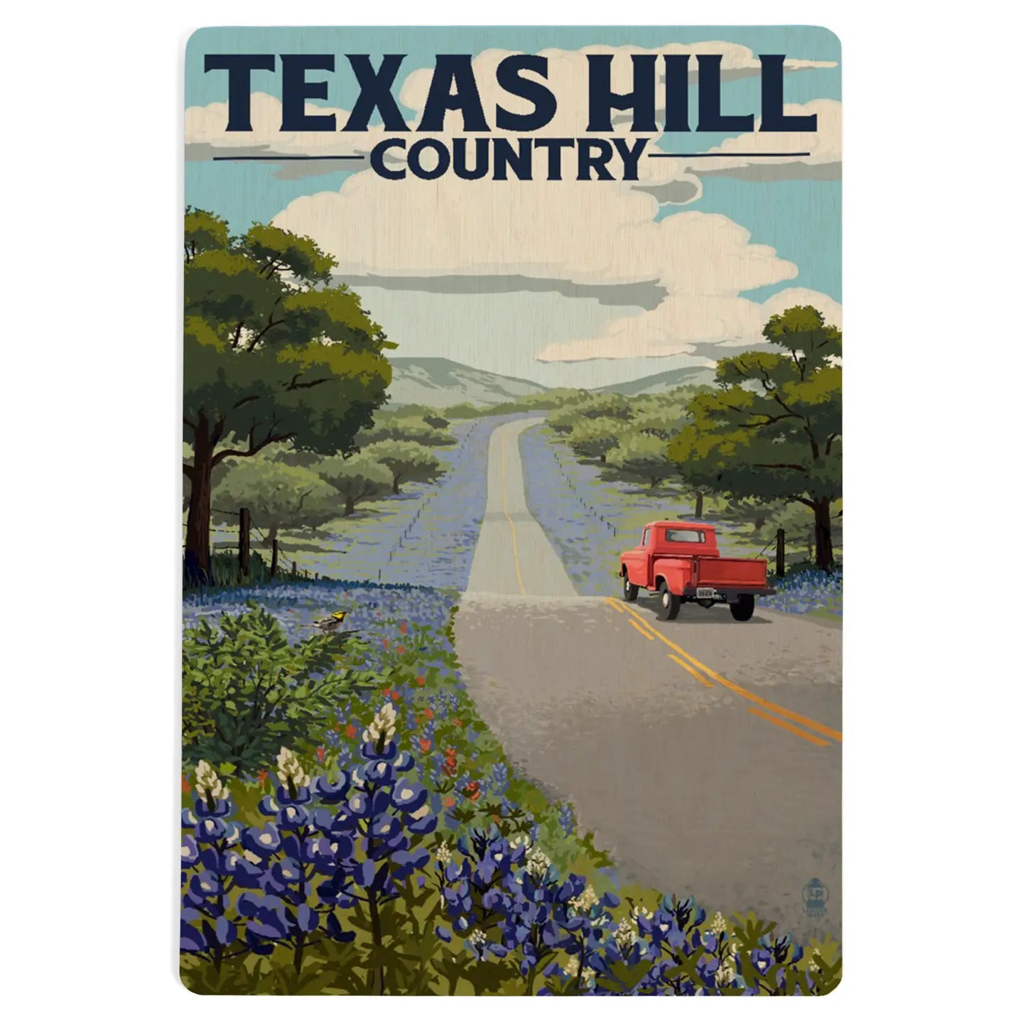 Wood postcard featuring Texas Hill Country scenery with bluebonnets displayed as a Texas-themed gift from a Texas gift shop storefront
