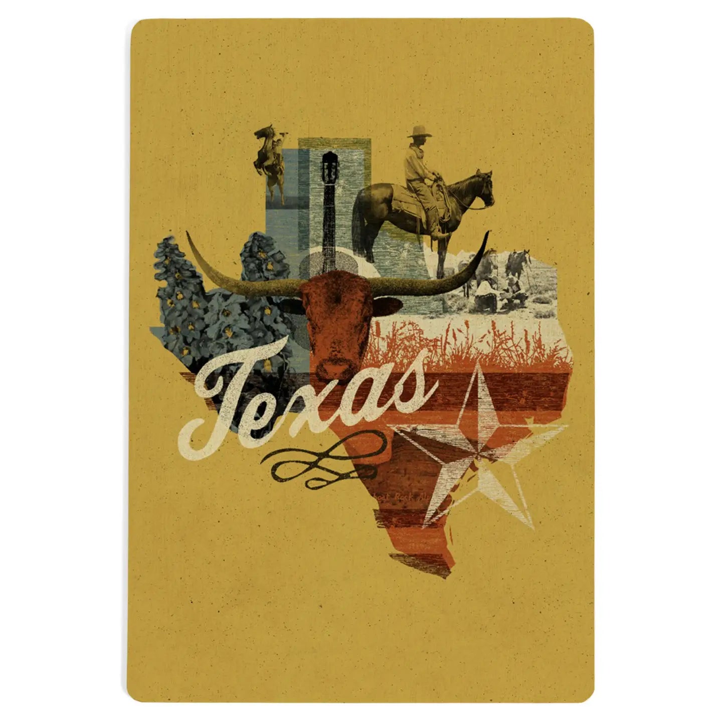 Wood postcard featuring a Texas state photomontage from the State Series displayed as a Texas-themed gift from a Texas gift shop storefront