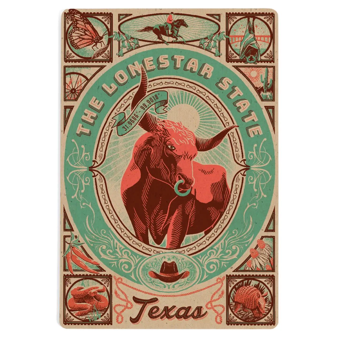 Wood postcard featuring a Texas woodcut menagerie design displayed as a Texas-themed gift from a Texas gift shop storefront