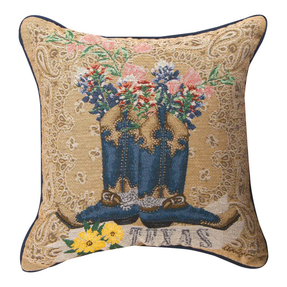 Texas Blue Bonnets Los 17 by 17 inch tapestry pillow displayed as a Texas-themed home décor gift from a Texas gift shop storefront