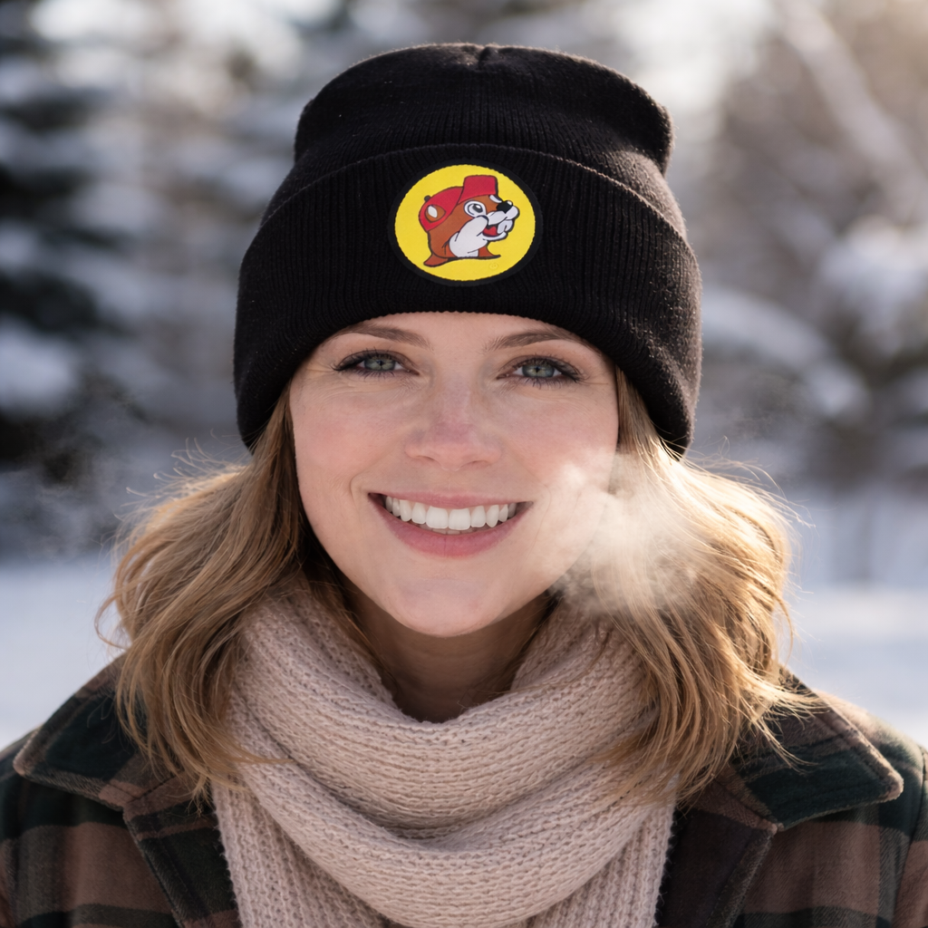 Buc-ee's Black Knit Beanie detail view from The Texas Gift Company