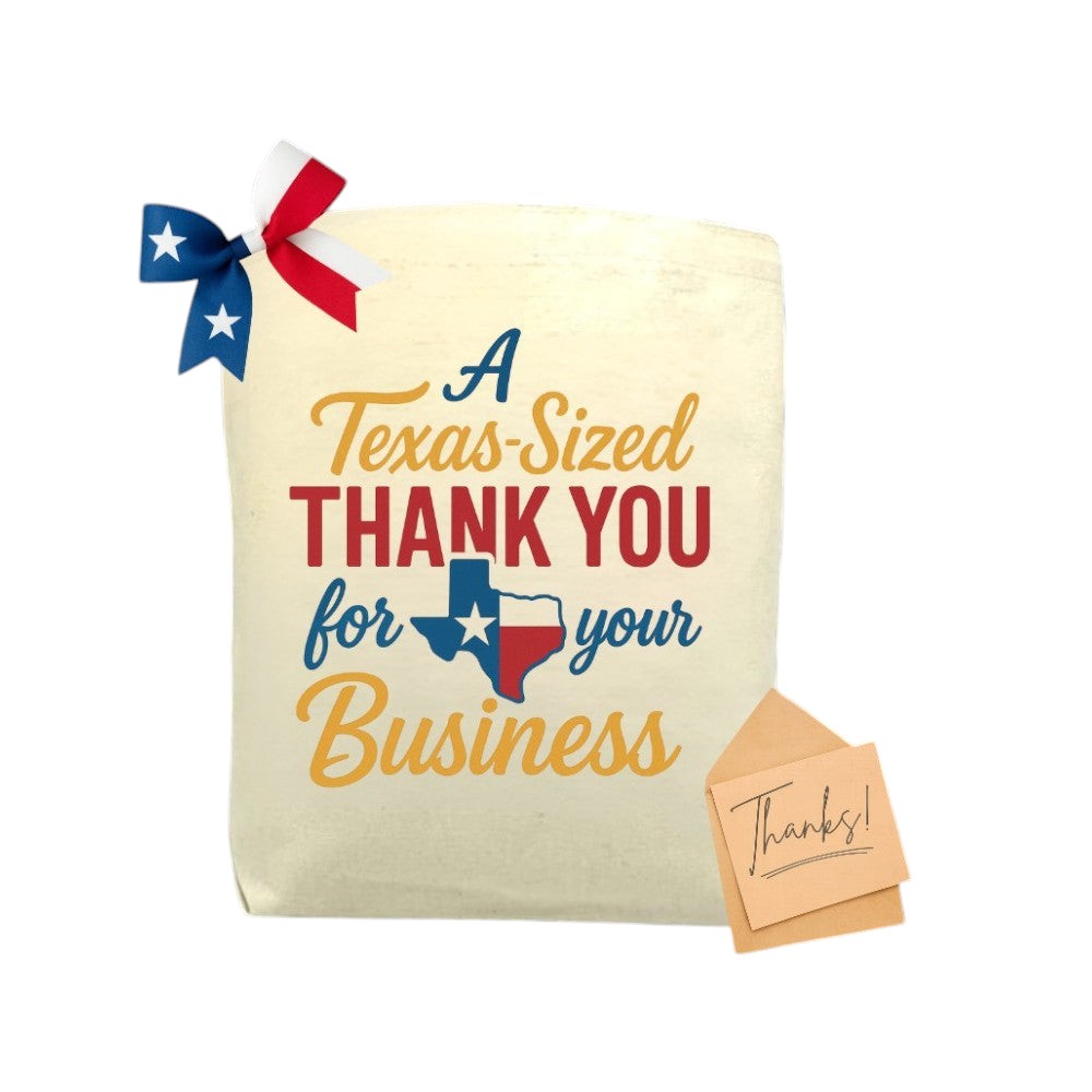 A Texas-Sized Thank You For Your Business Tote Bag featured as a Texas-themed client appreciation gift