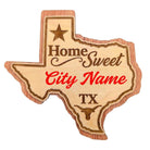 Texas-shaped wood magnet engraved with Home Sweet city name
