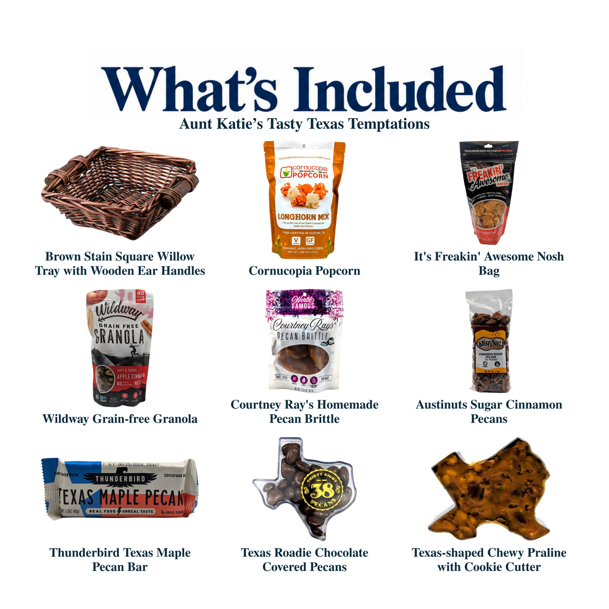 What's included in Aunt Katie’s Tasty Texas Temptations from The Texas Gift Company: each included item individually labeled.