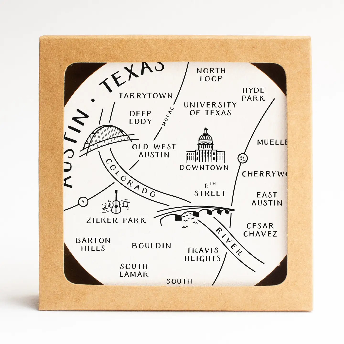 Austin neighborhoods map coaster set displayed as a Texas home décor gift from The Texas Gift Company storefront