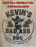 Close-up of custom engraving on wooden BBQ grill scraper with bottle opener from The Texas Gift Company