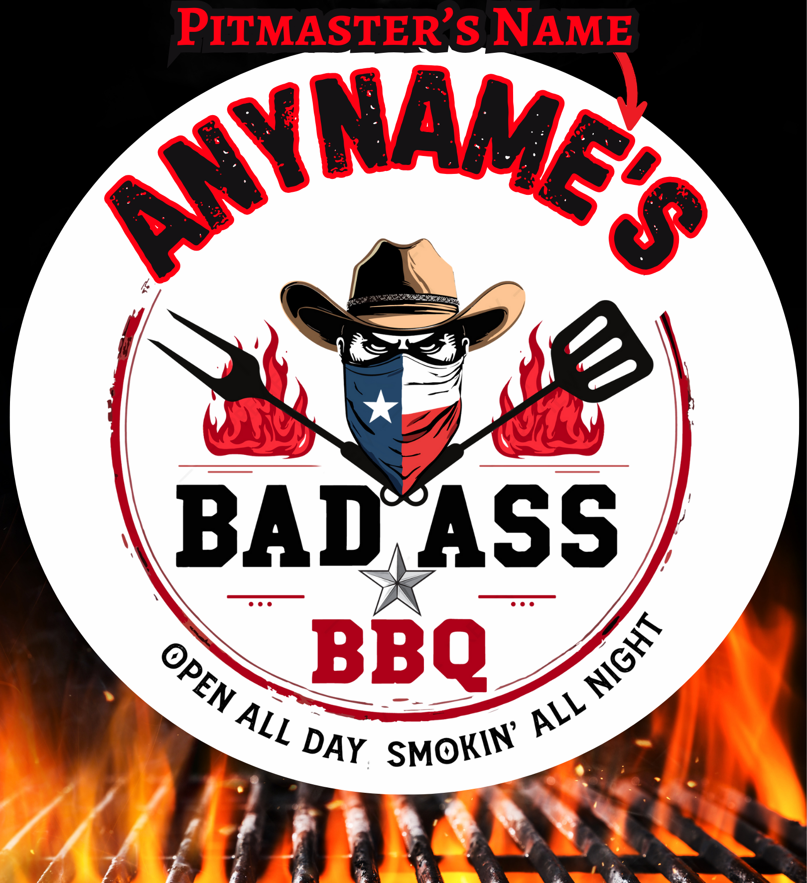 Customizable “Bad Ass BBQ” pitmaster logo template featuring a masked cowboy with a Texas bandana, crossed grilling tools, flames, and bold text with space for a personalized name above.