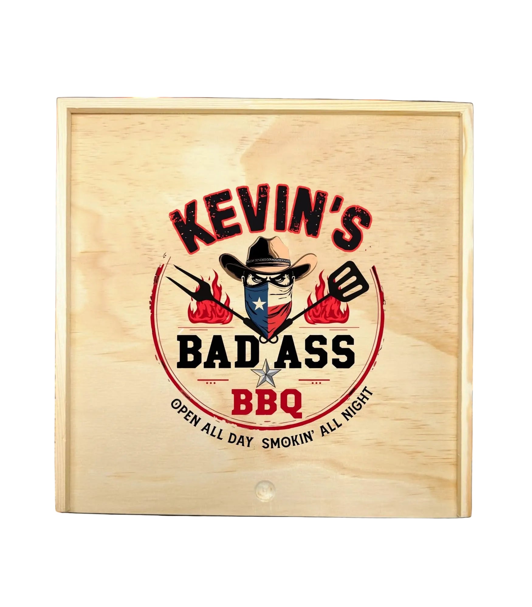 The BAD ASS Personalized Texas BBQ Box displayed as a powerful Texas grilling gift with Lone Star pride