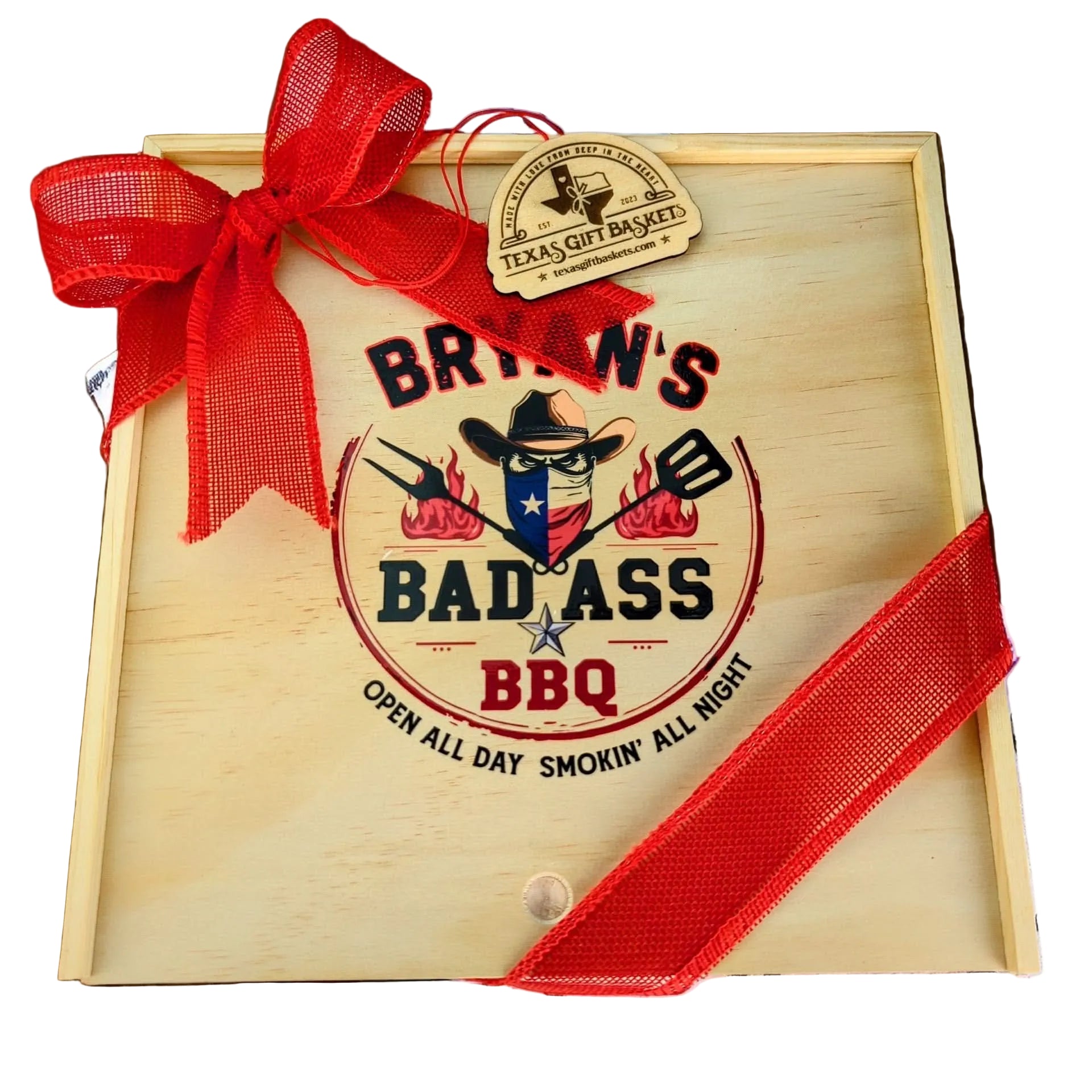 The BAD ASS Personalized Texas BBQ Box featured as a bold Texas barbecue gift from The Texas Gift Company