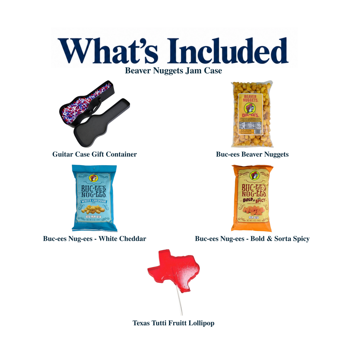 What's included in Beaver Nuggets Jam Case from The Texas Gift Company: each included item individually labeled.