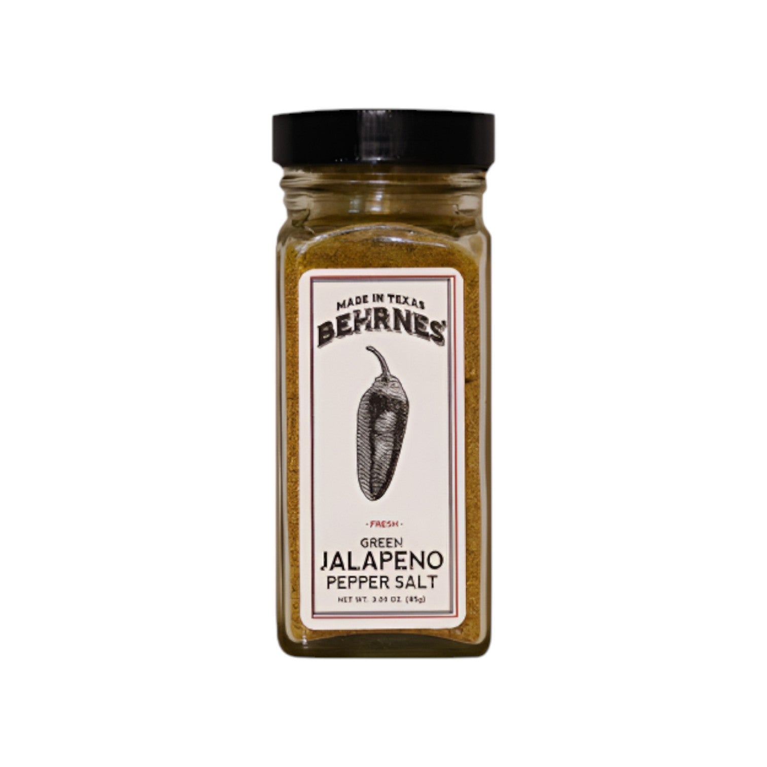 Behrnes green jalapeño pepper salt jar displayed as a spicy Texas gourmet seasoning gift from The Texas Gift Company storefront