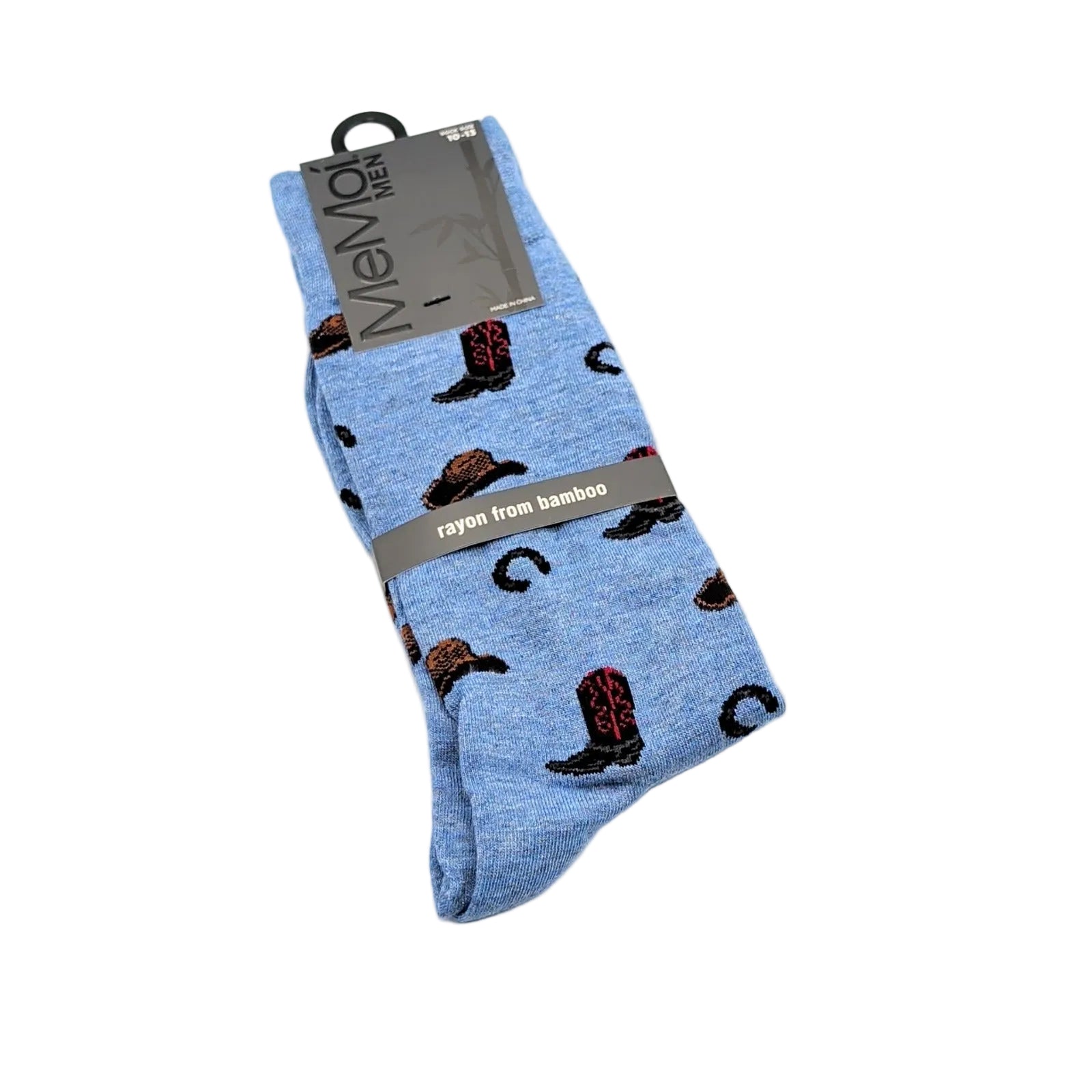 Blue men’s socks featuring an all-over western pattern with cowboy boots, hats, and horseshoes, made from soft bamboo rayon fabric.