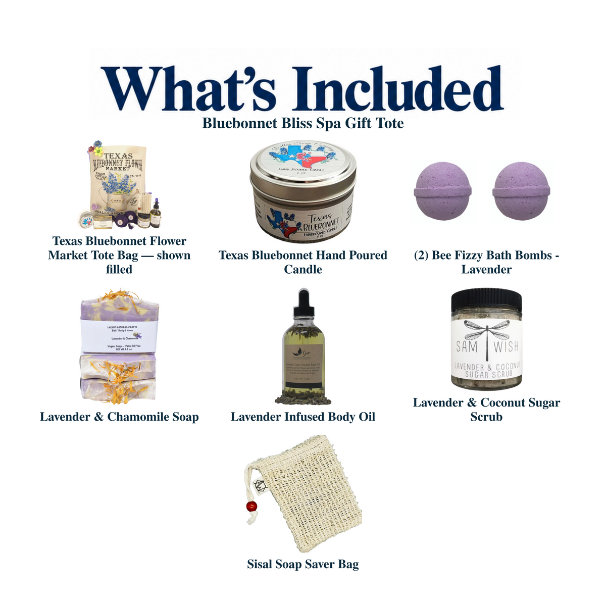 What's included in Bluebonnet Bliss Spa Gift Tote from The Texas Gift Company: each included item individually labeled.