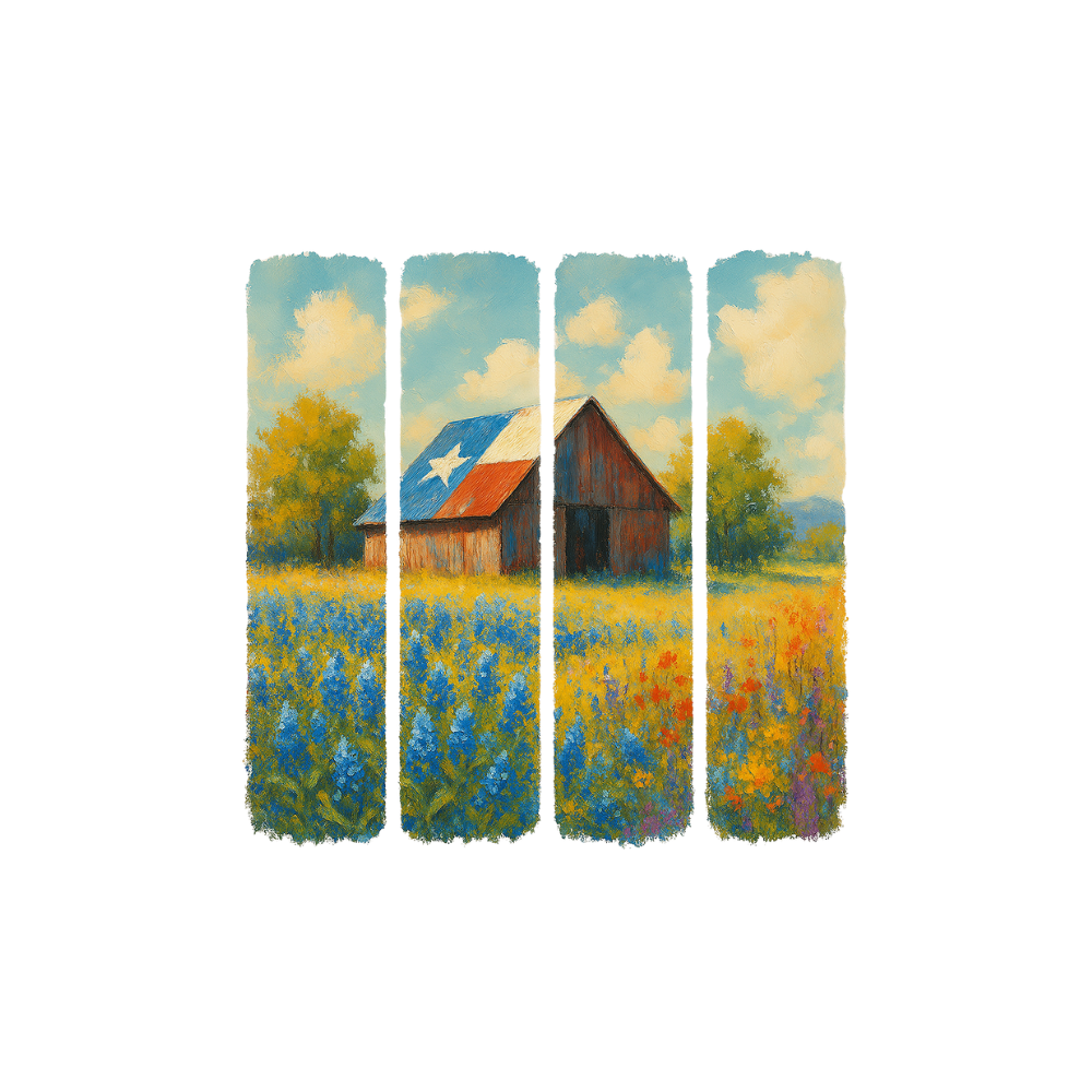 Bluebonnets & Barn Tote Bag shown with rustic Texas-inspired artwork