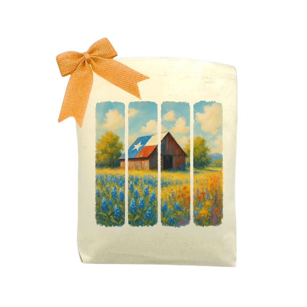 Bluebonnets & Barn Tote Bag featuring a Texas countryside scene with bluebonnets and a barn