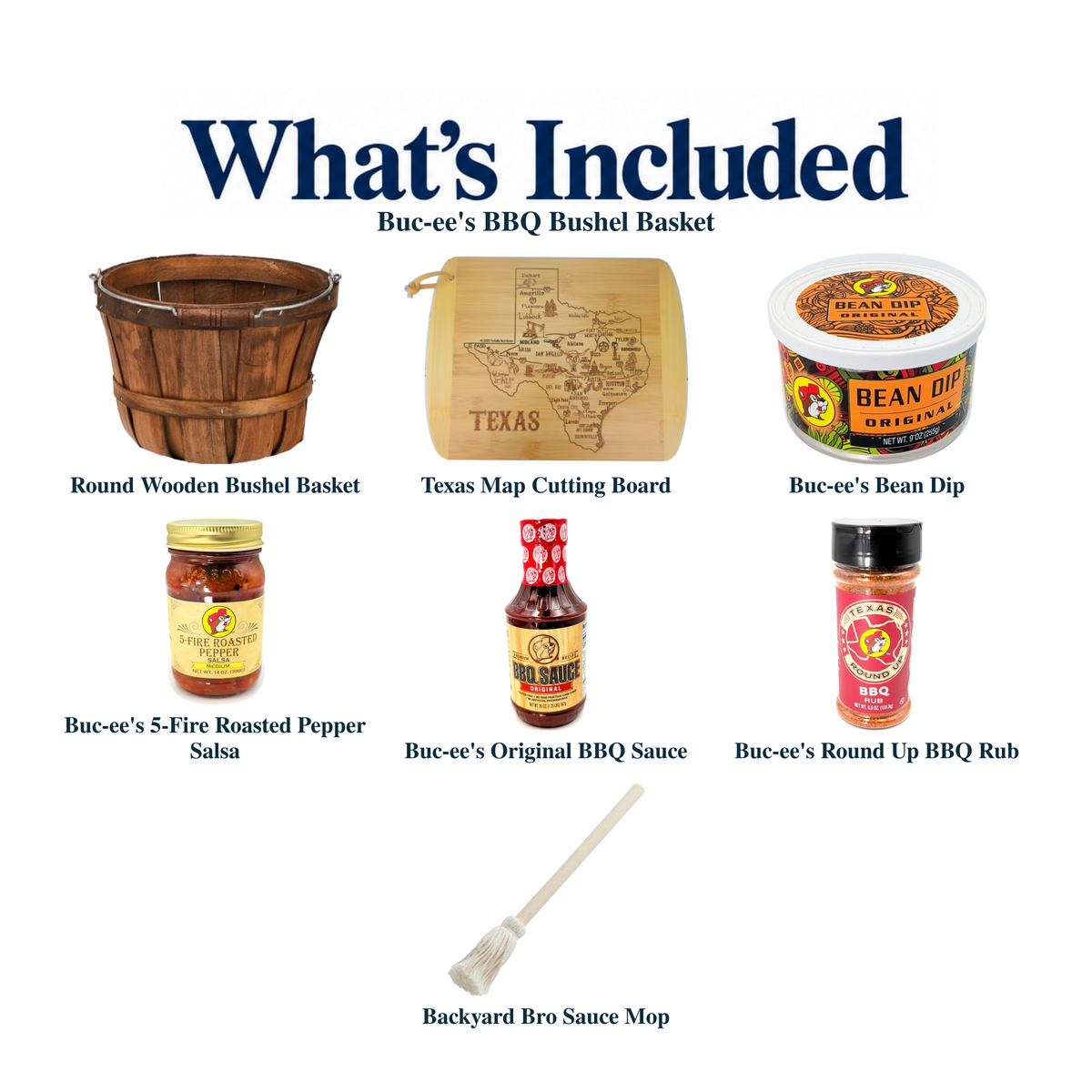 What's included in Buc-ee's BBQ Bushel Basket from The Texas Gift Company: each included item individually labeled.