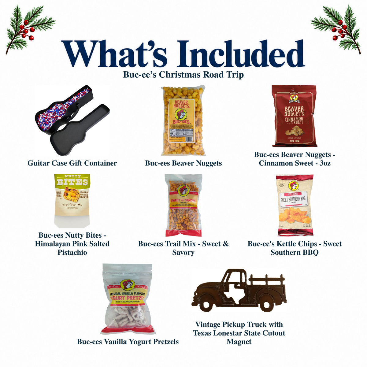 What's included in Buc-ee’s Christmas Road Trip from The Texas Gift Company: each included item individually labeled.