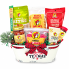 Buc-ee’s Merry Texmas Treats with eight favorites in a white holiday tin tub, front view