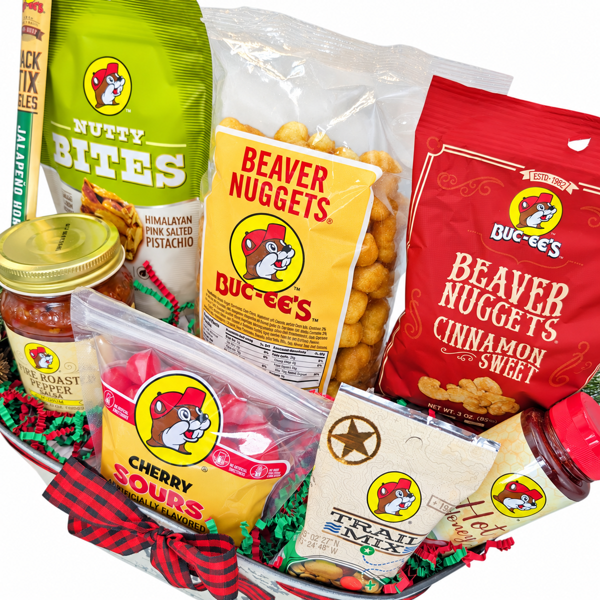 Close-up of the eight Buc-ee’s favorites in Merry Texmas Treats, on a white background