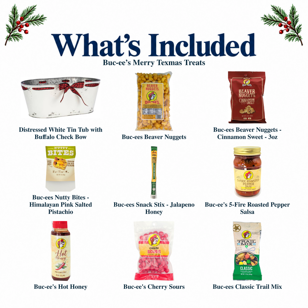 What's included in Buc-ee’s Merry Texmas Treats from The Texas Gift Company: each included item individually labeled.