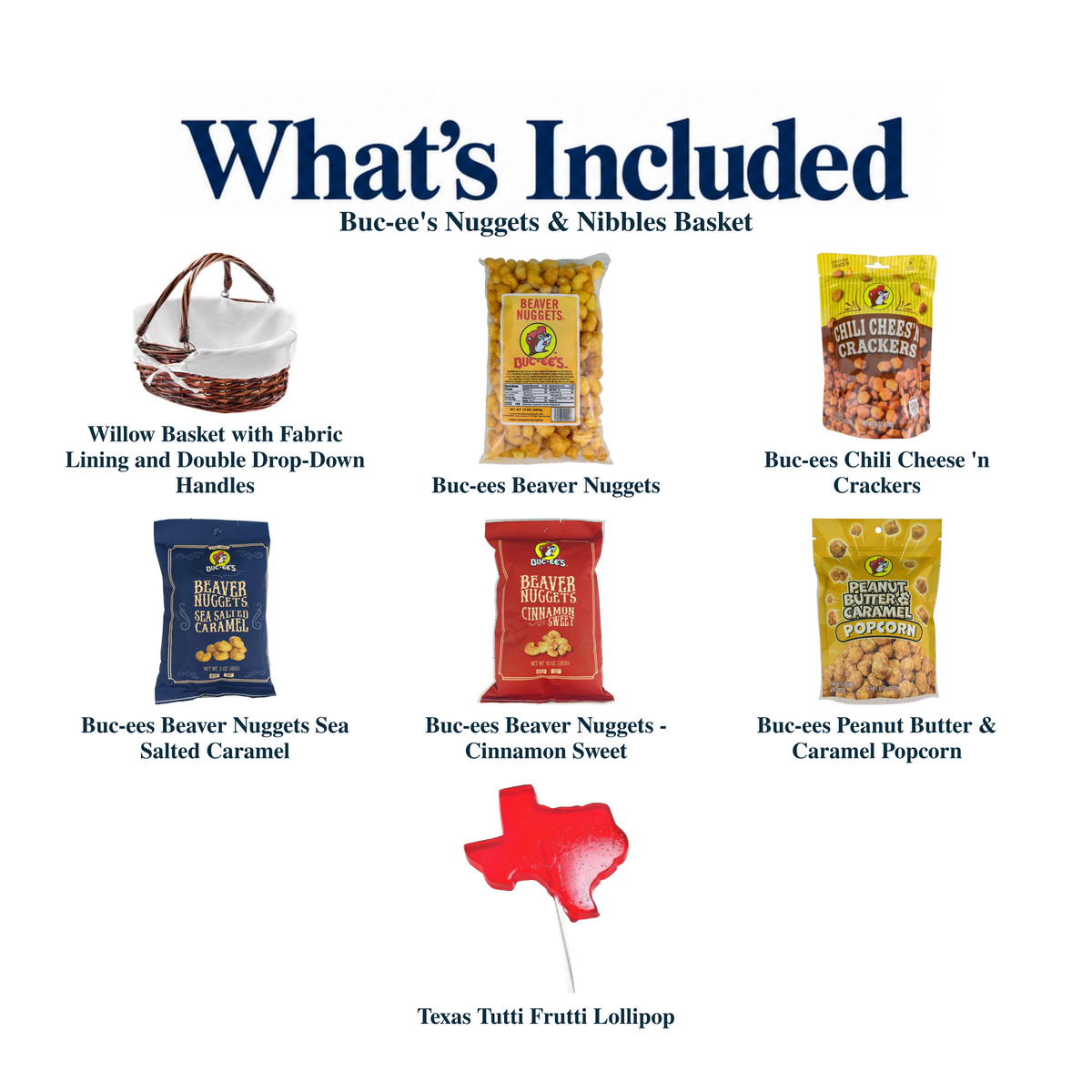What's included in Buc-ee's Nuggets & Nibbles Basket from The Texas Gift Company: each included item individually labeled.