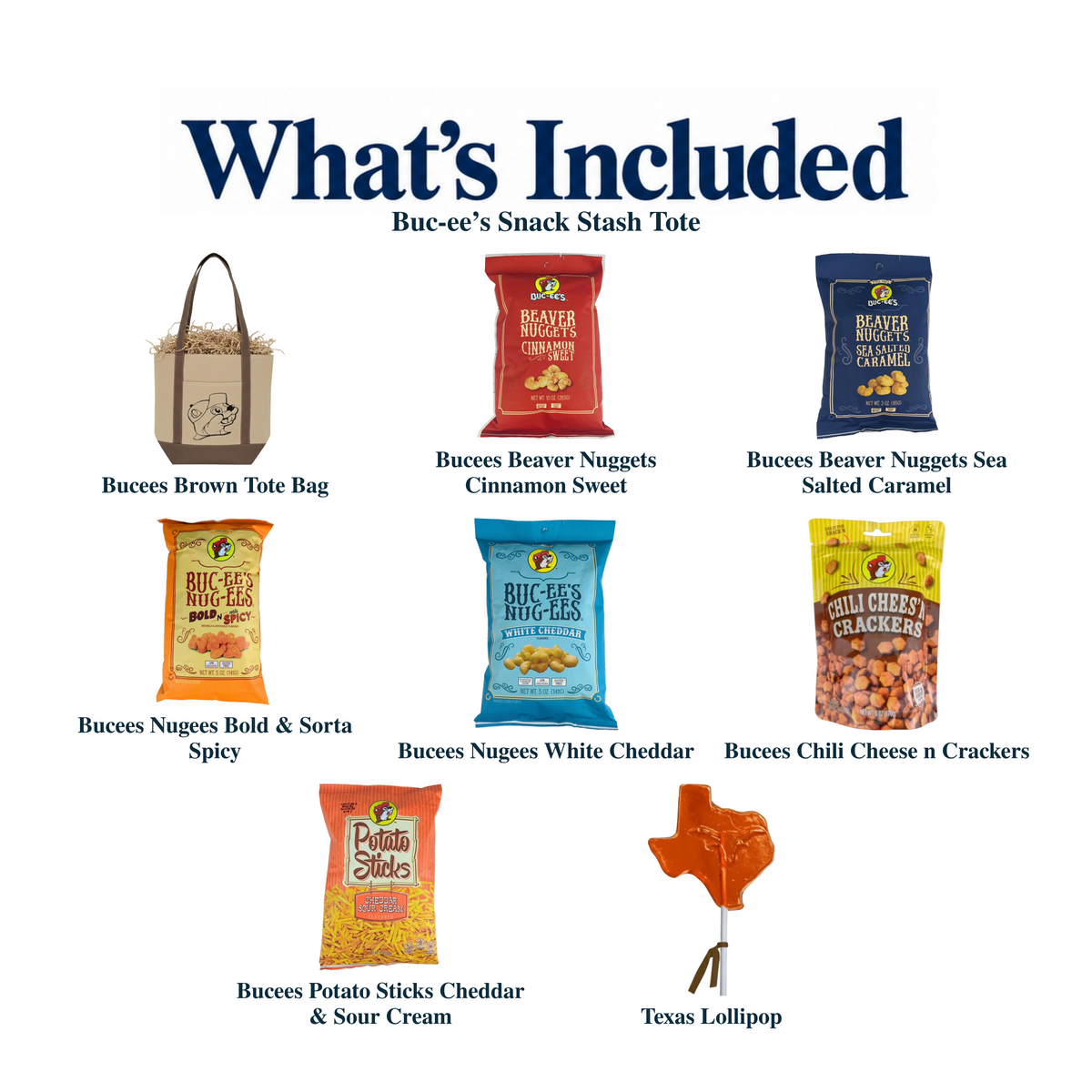 What's included in Buc-ee’s Snack Stash Tote from The Texas Gift Company: each included item individually labeled.