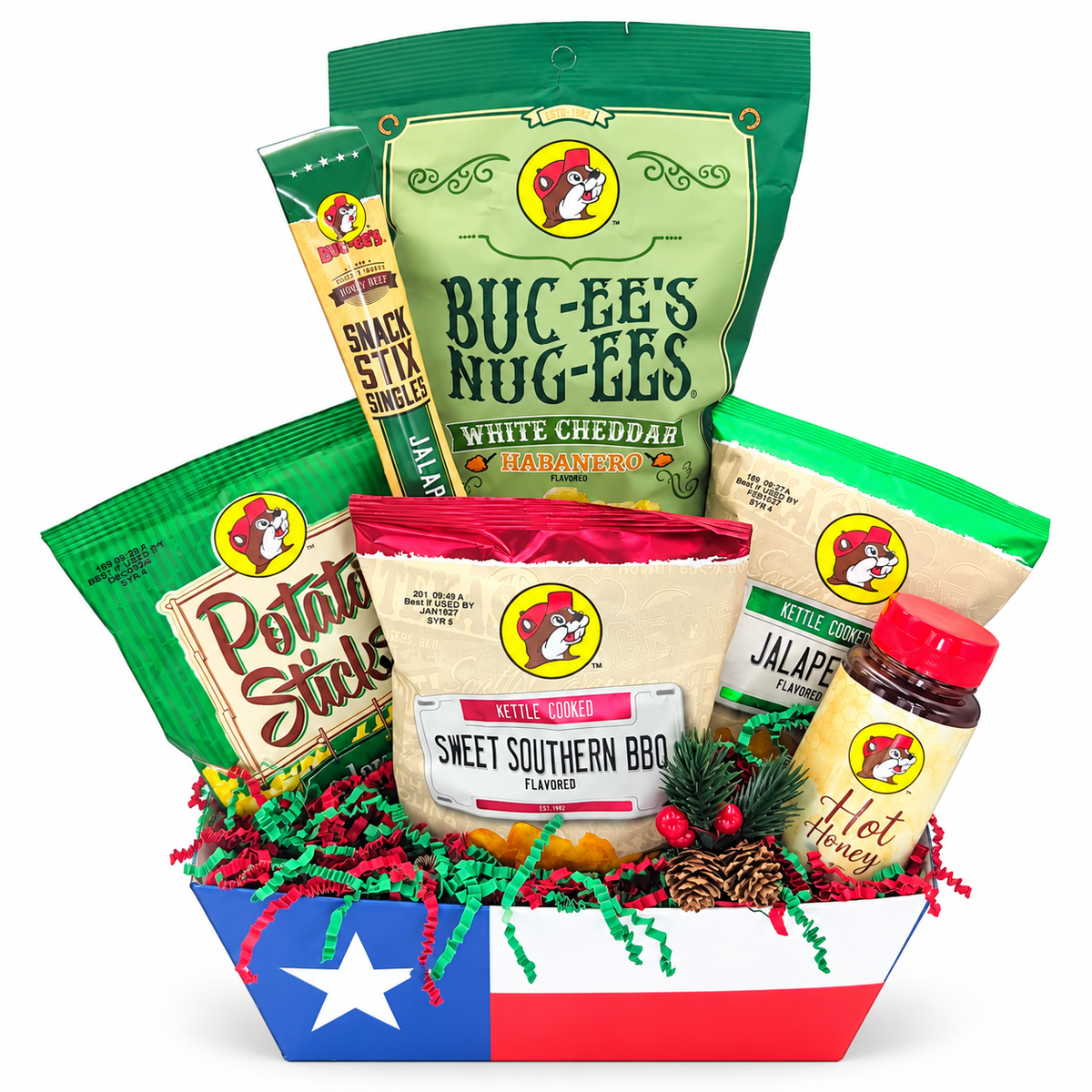Head-on Buc-ee’s Spicy Christmas Crunch in Texas flag tray on white background