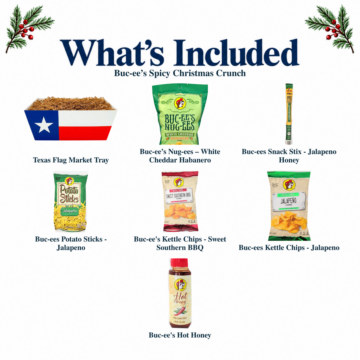 What's included in Buc-ee’s Spicy Christmas Crunch from The Texas Gift Company: each included item individually labeled.