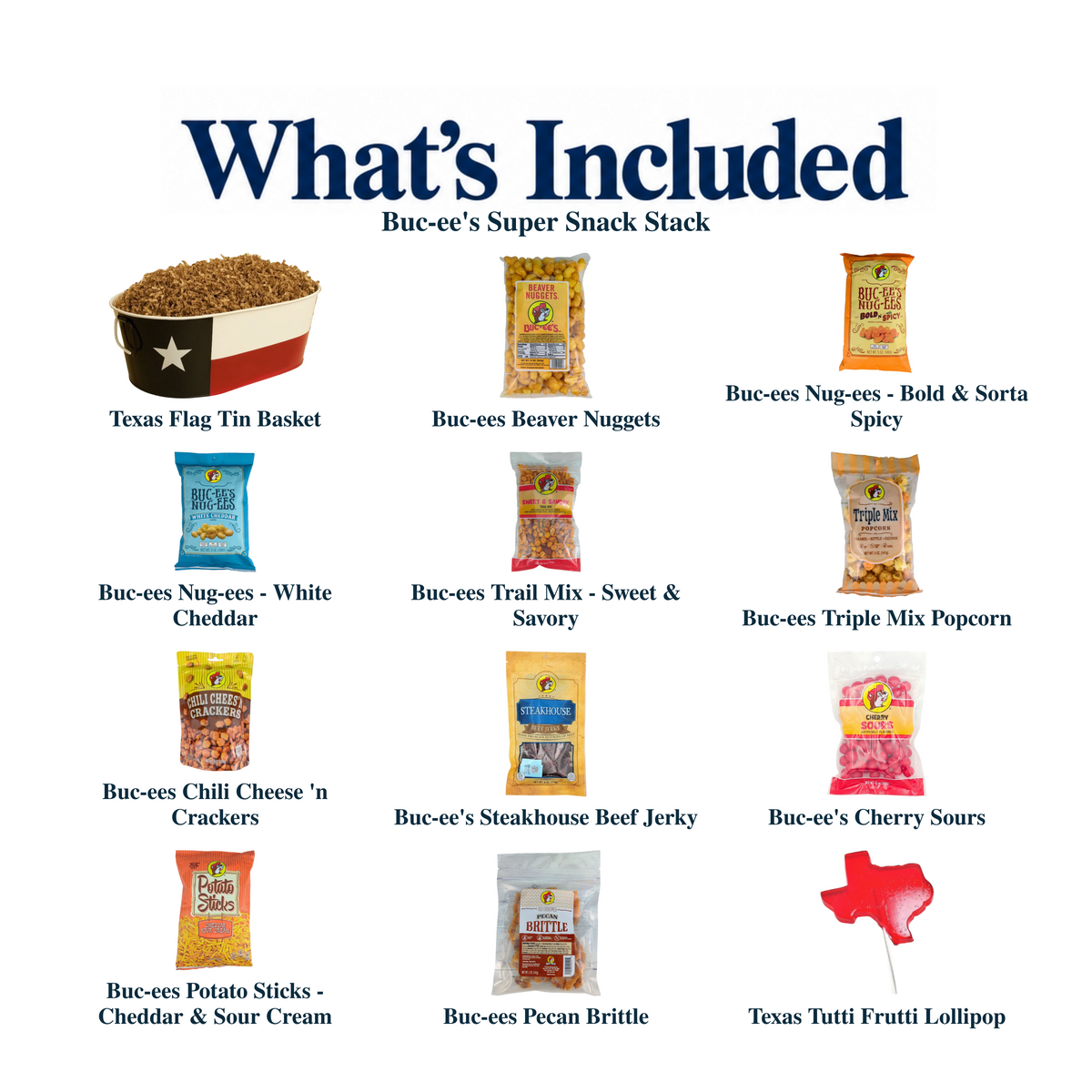 What's included in Buc-ee's Super Snack Stack from The Texas Gift Company: each included item individually labeled.