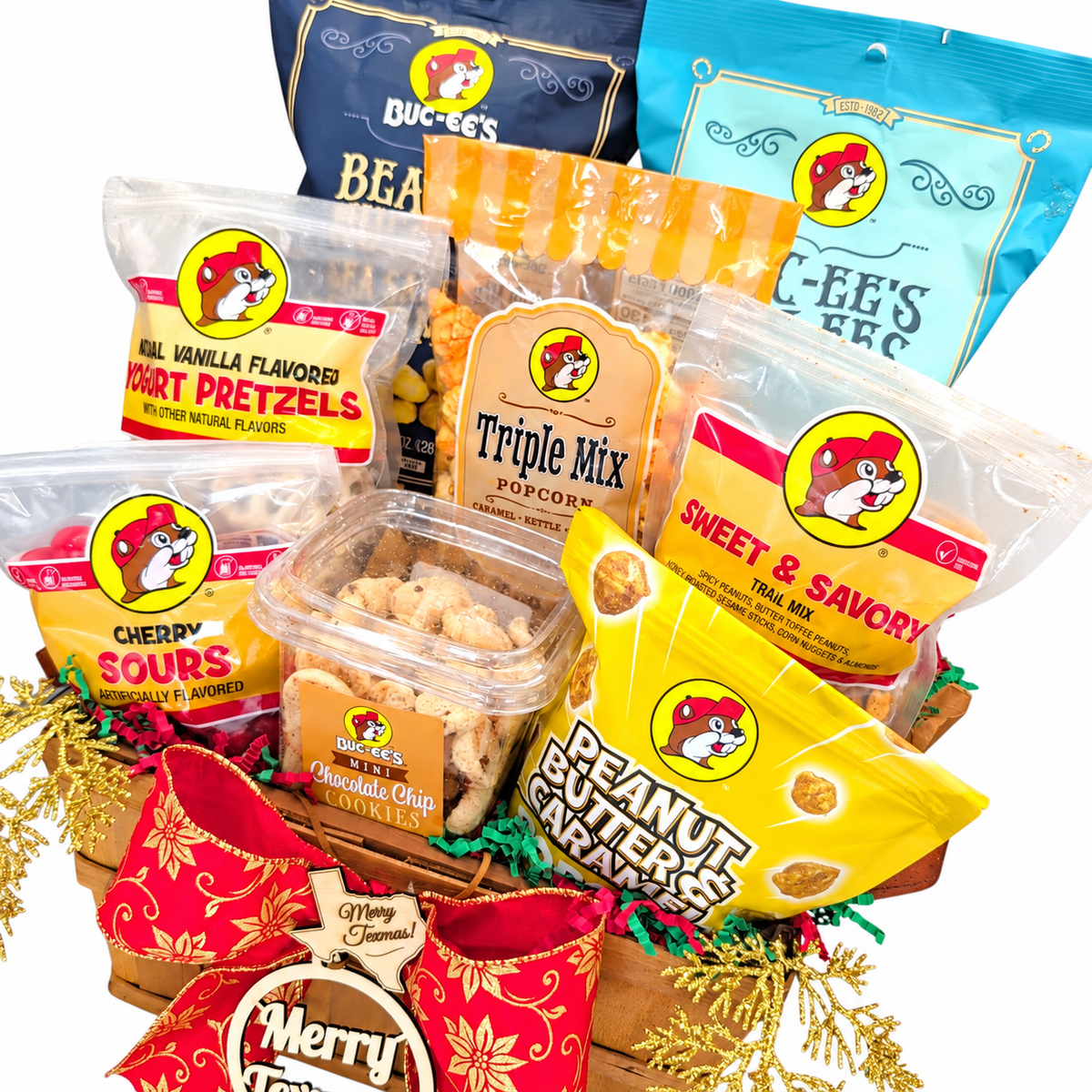 Angled detail of Buc-ee's Texmas Munch Basket showing popcorn, pretzels, cookies and Christmas presentation