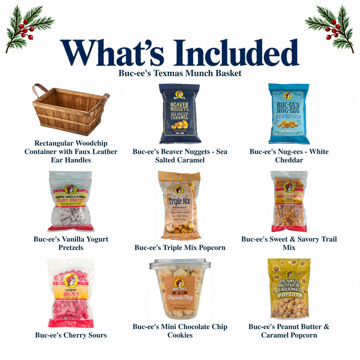What's included in Buc-ee's Texmas Munch Basket from The Texas Gift Company: each included item individually labeled.