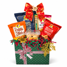 Buc-ee’s All Wrapped Up Christmas Box with six snacks, festive bow and green gift box on white
