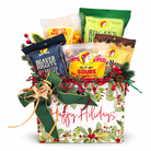 Buc-ee’s Merry Munchies Christmas Box with five snacks, Holiday Berries box and green bow on white