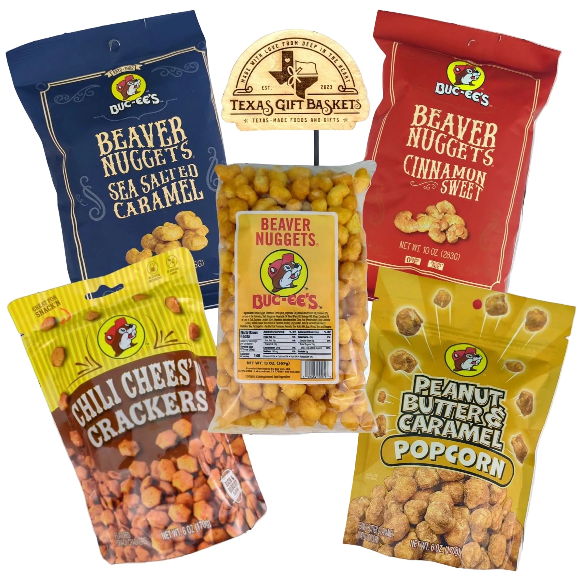 Branded Buc-ee’s basket with bite-sized snacks styled for sharing