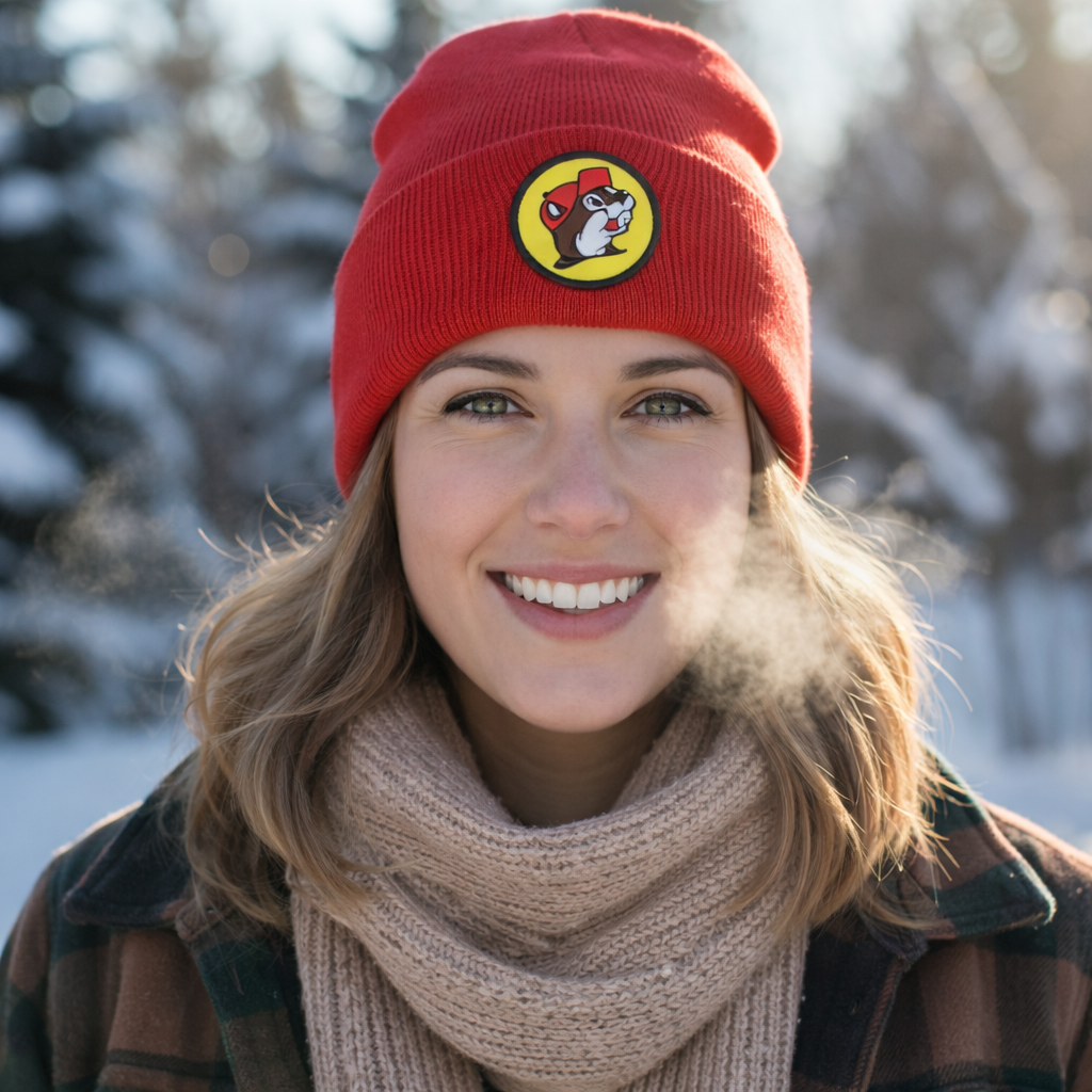 Buc-ee's Red Knit Beanie detail view from The Texas Gift Company