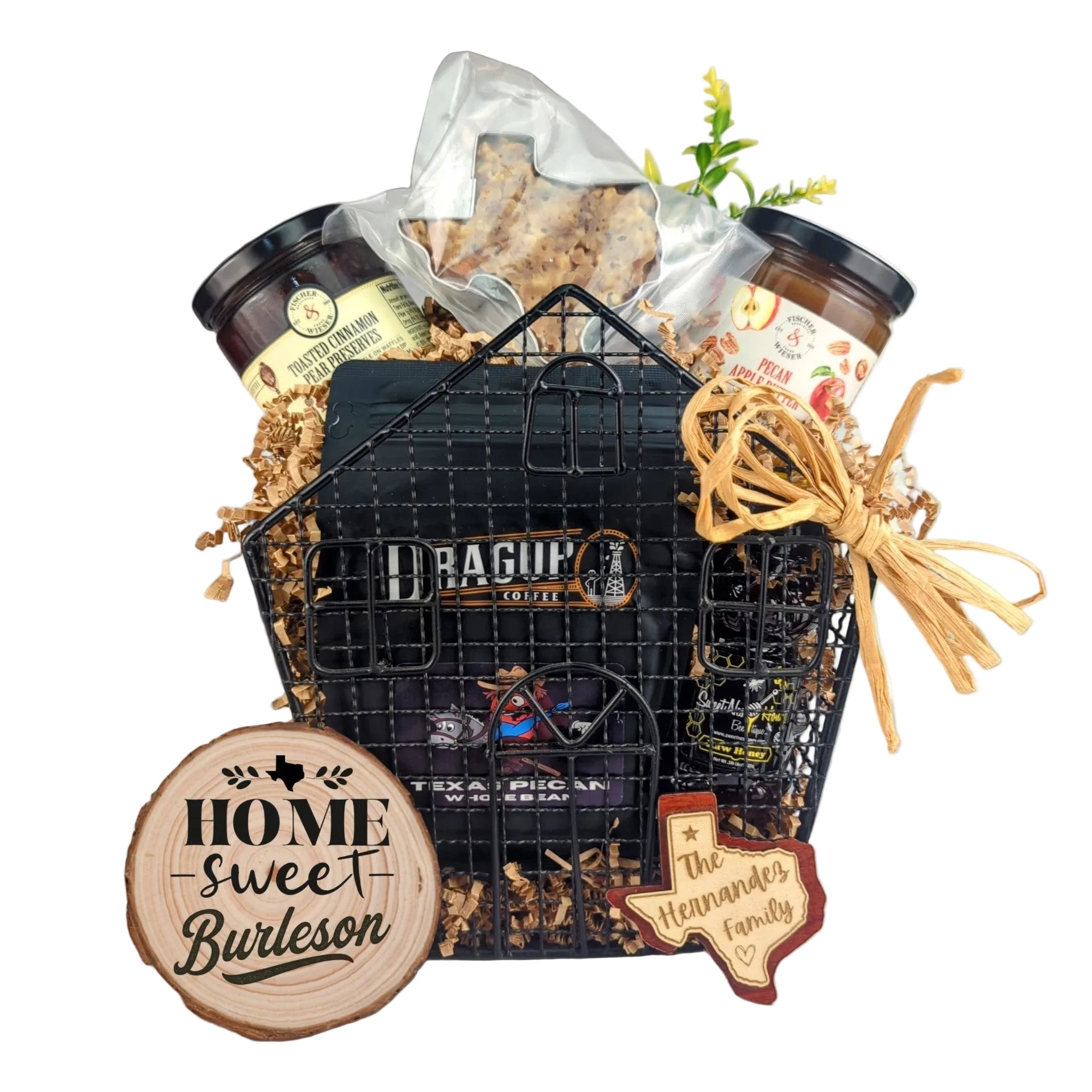 Burleson Cozy Home Basket with Texas-made treats arranged for a warm home gift