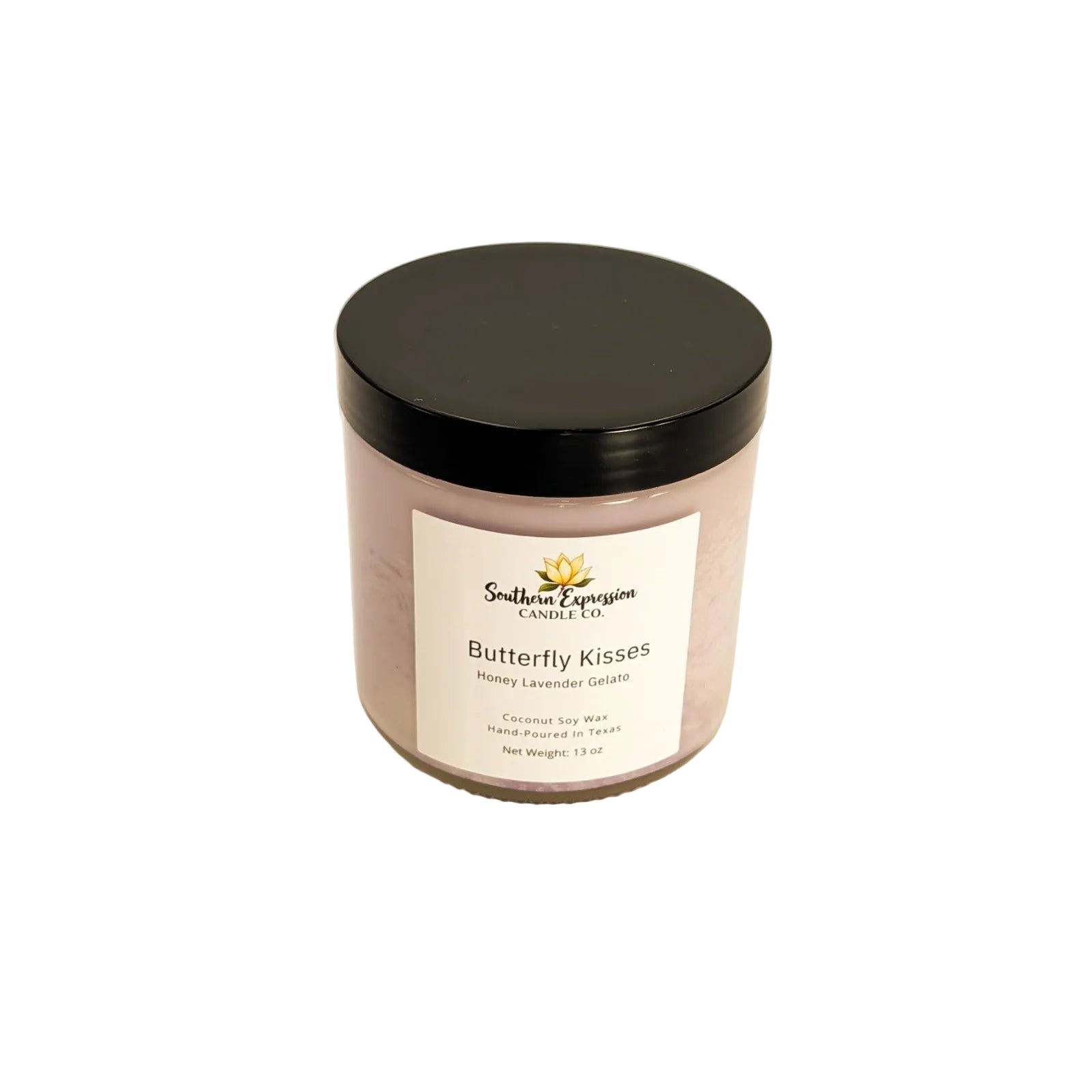 Southern Expression Butterfly Kisses honey lavender gelato soy candle in a glass jar with black lid, hand-poured in Texas