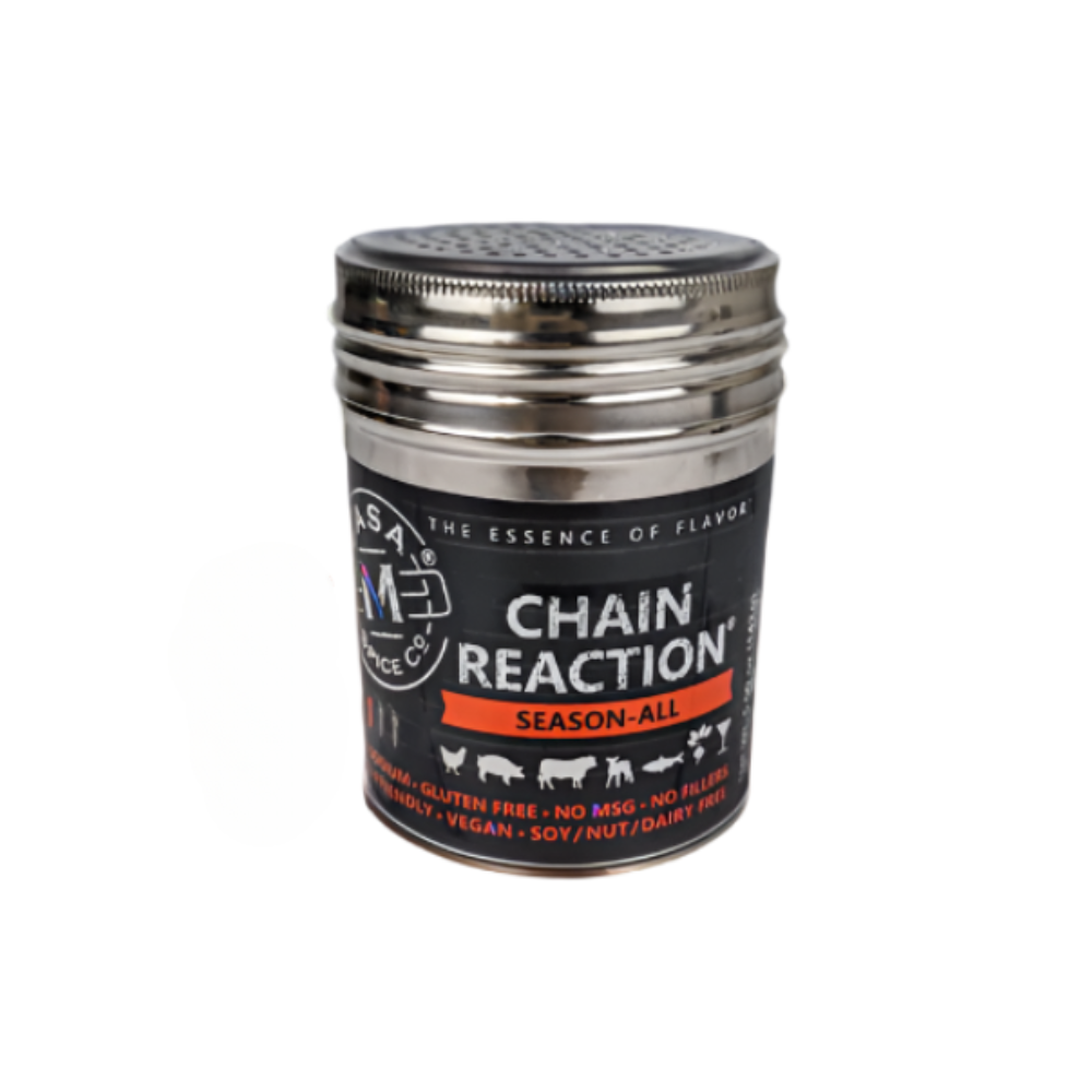 Casa M Spice Chain Reaction Season-All seasoning jar displayed as a Texas gourmet cooking gift from The Texas Gift Company storefront
