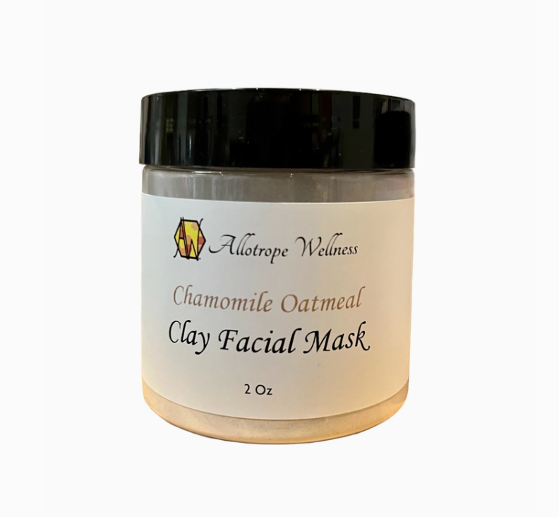 Chamomile oatmeal clay facial mask in a clear cosmetic jar with black lid, featured as part of a Texas-inspired gentle skincare and spa gift collection.