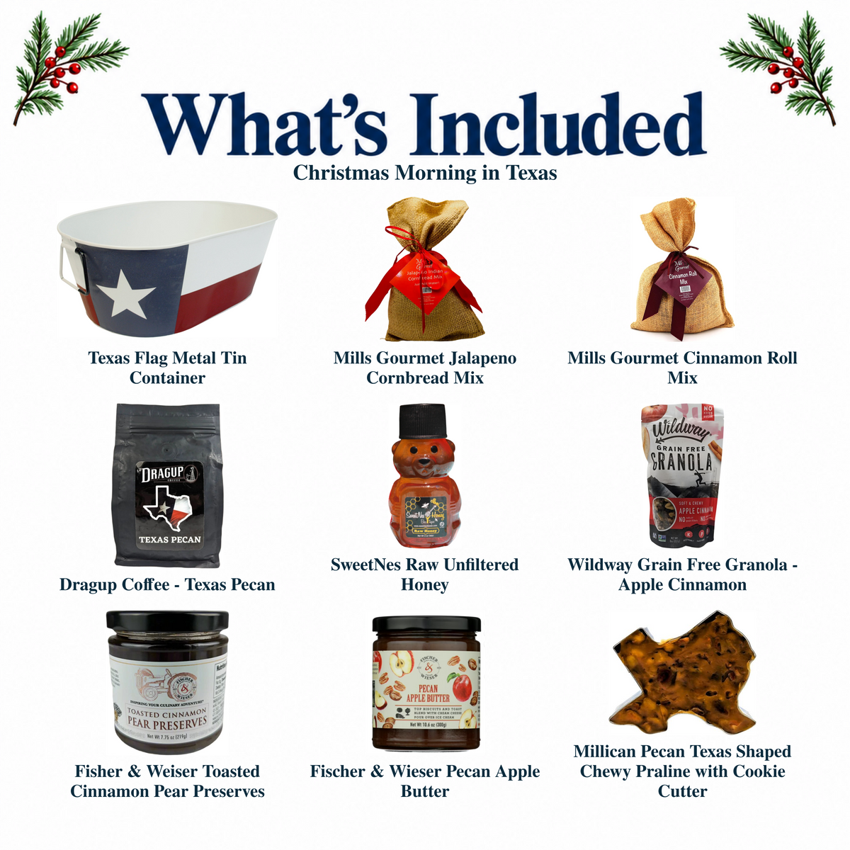 What's included in Christmas Morning in Texas from The Texas Gift Company: each included item individually labeled.