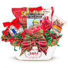 Cocoa & Christmas Cheer with seven snack and cocoa products in a Joy to the World metal container, plaid bow and Christmas greenery on white