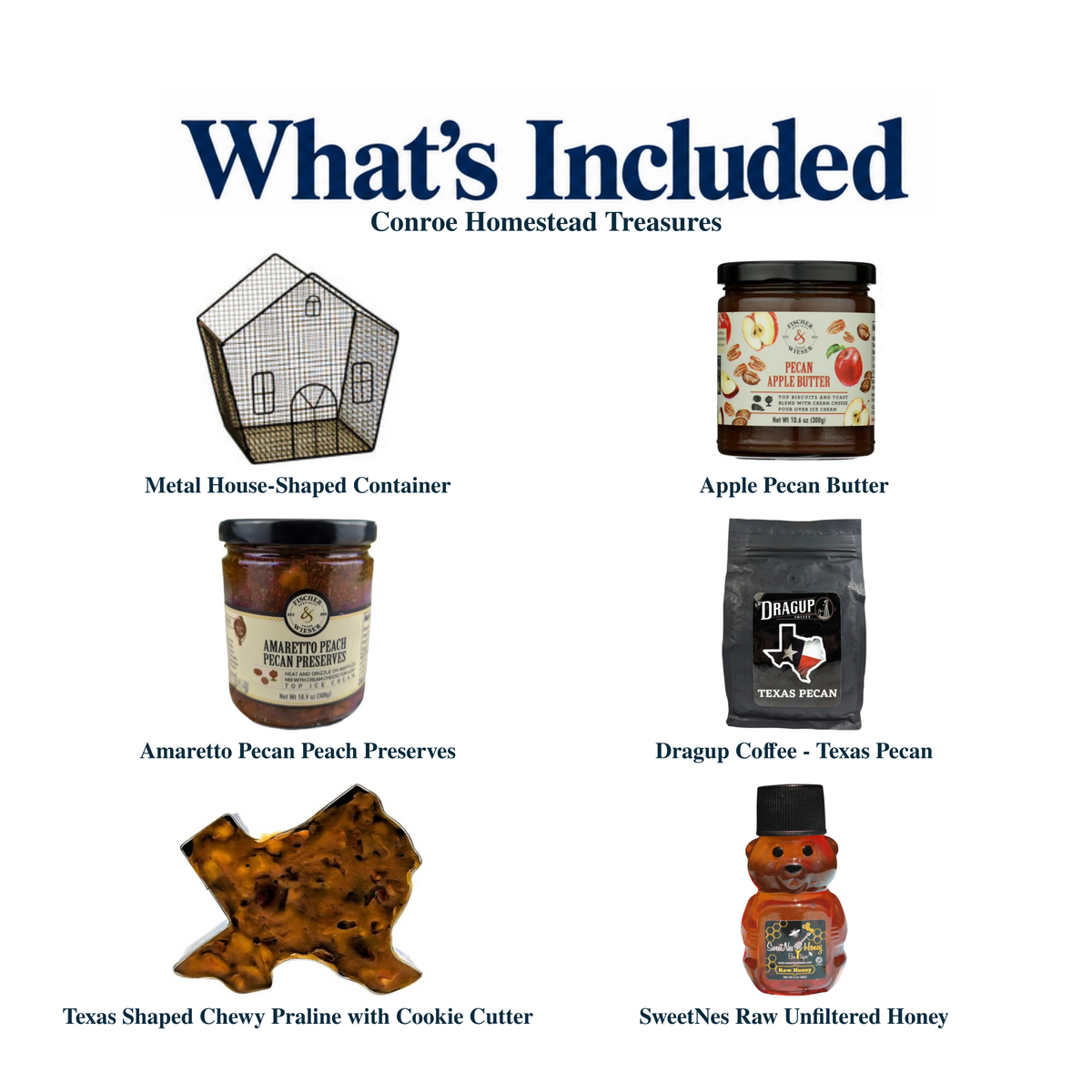 What's included in Conroe Homestead Treasures from The Texas Gift Company: each included item individually labeled.