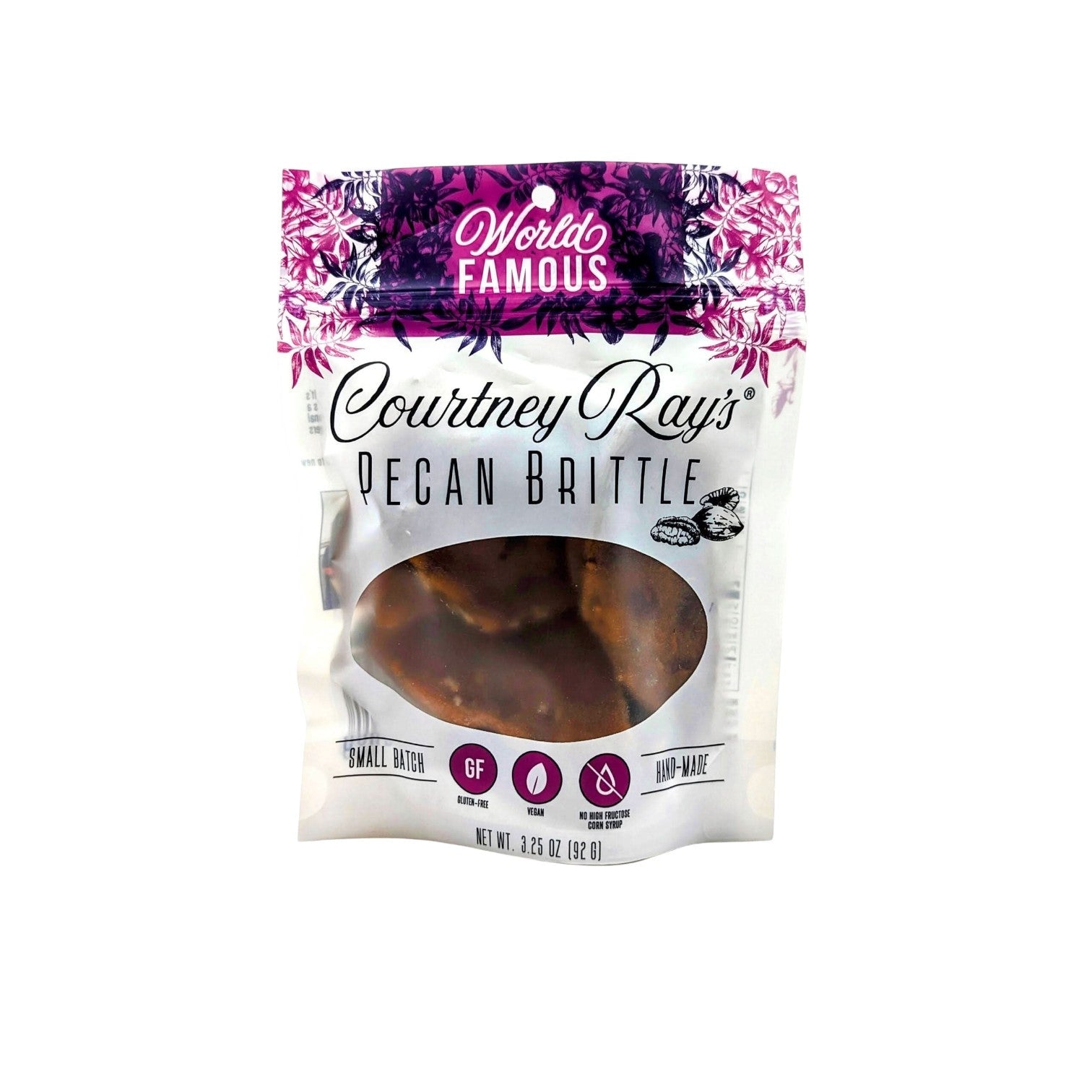 Bag of Courtney Ray’s pecan brittle with clear window, labeled gluten free and handmade