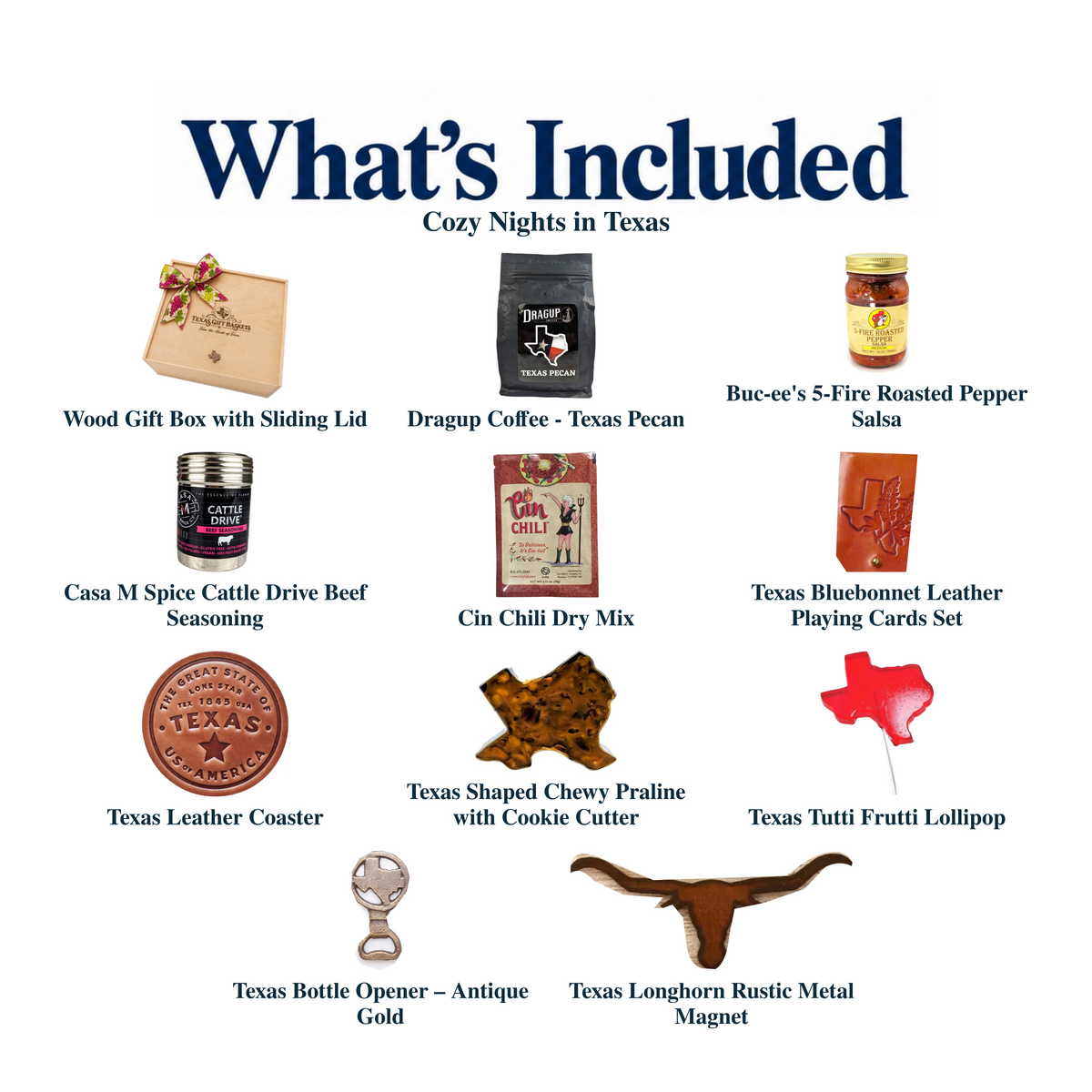 What's included in Cozy Nights in Texas from The Texas Gift Company: each included item individually labeled.
