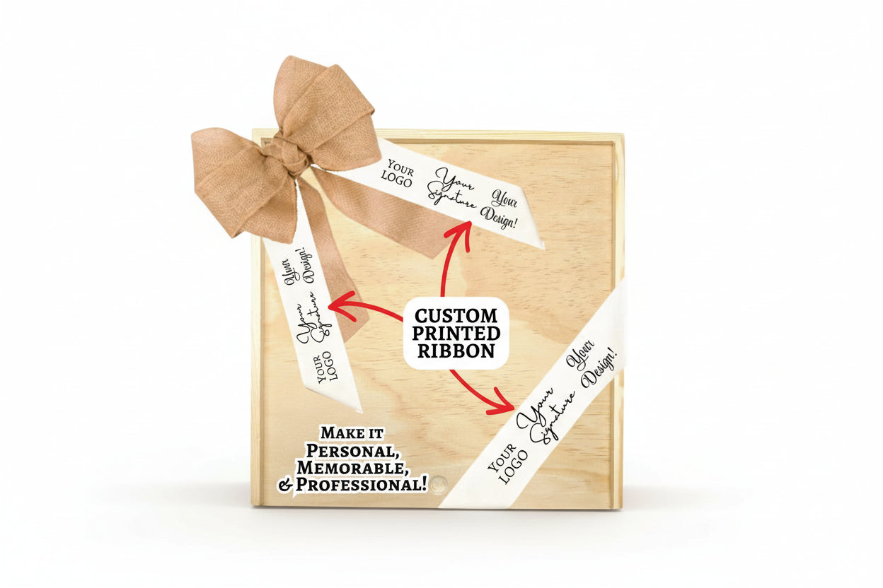Wooden gift box displayed with a burlap bow and custom printed ribbons showing logo and signature design options, highlighted with arrows and text emphasizing personalized, professional gift packaging.