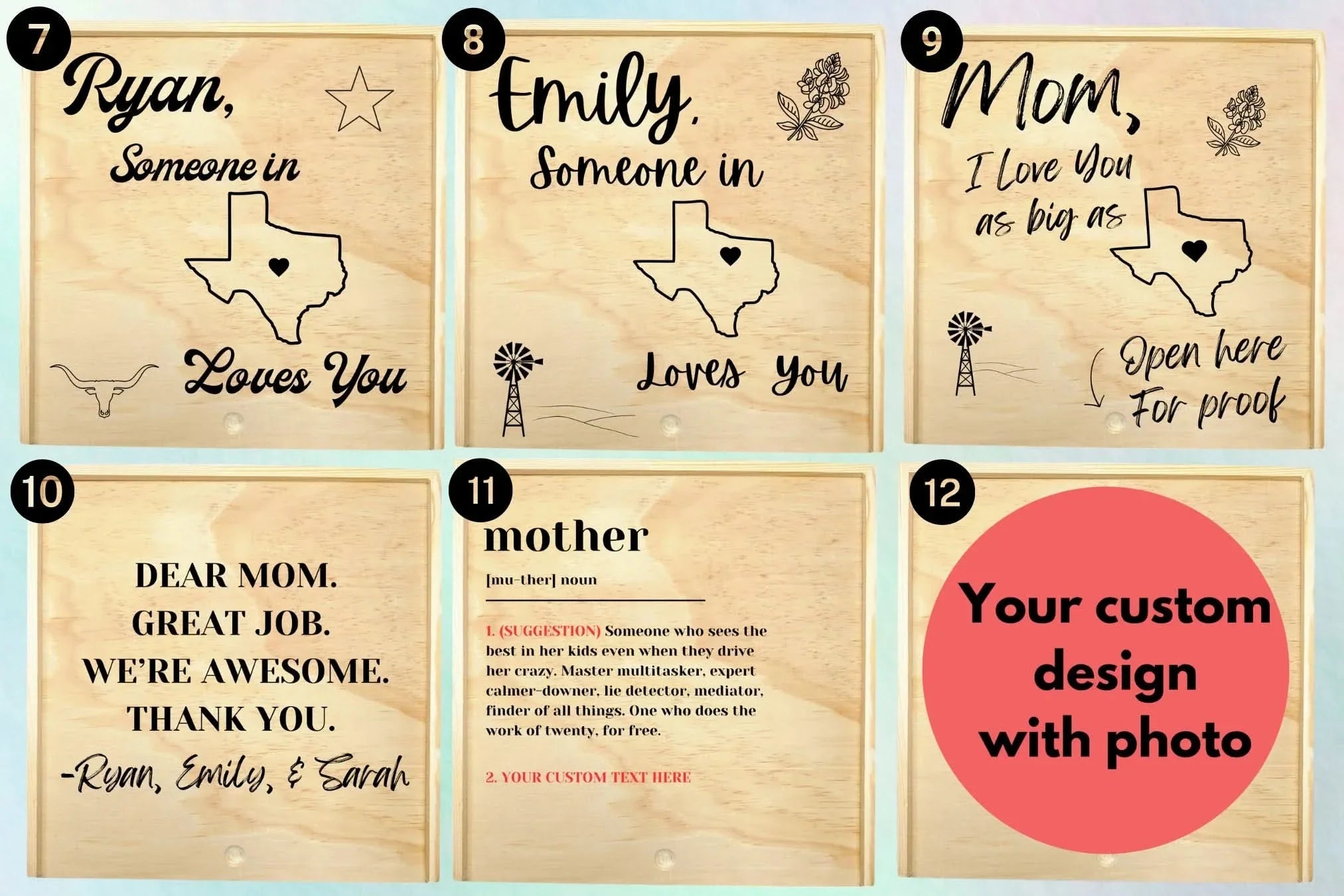 Grid layout showcasing multiple personalized wooden keepsake box design options, including custom names, heartfelt messages, Texas-themed graphics, definitions, and photo-based designs, presented as selectable customization examples.