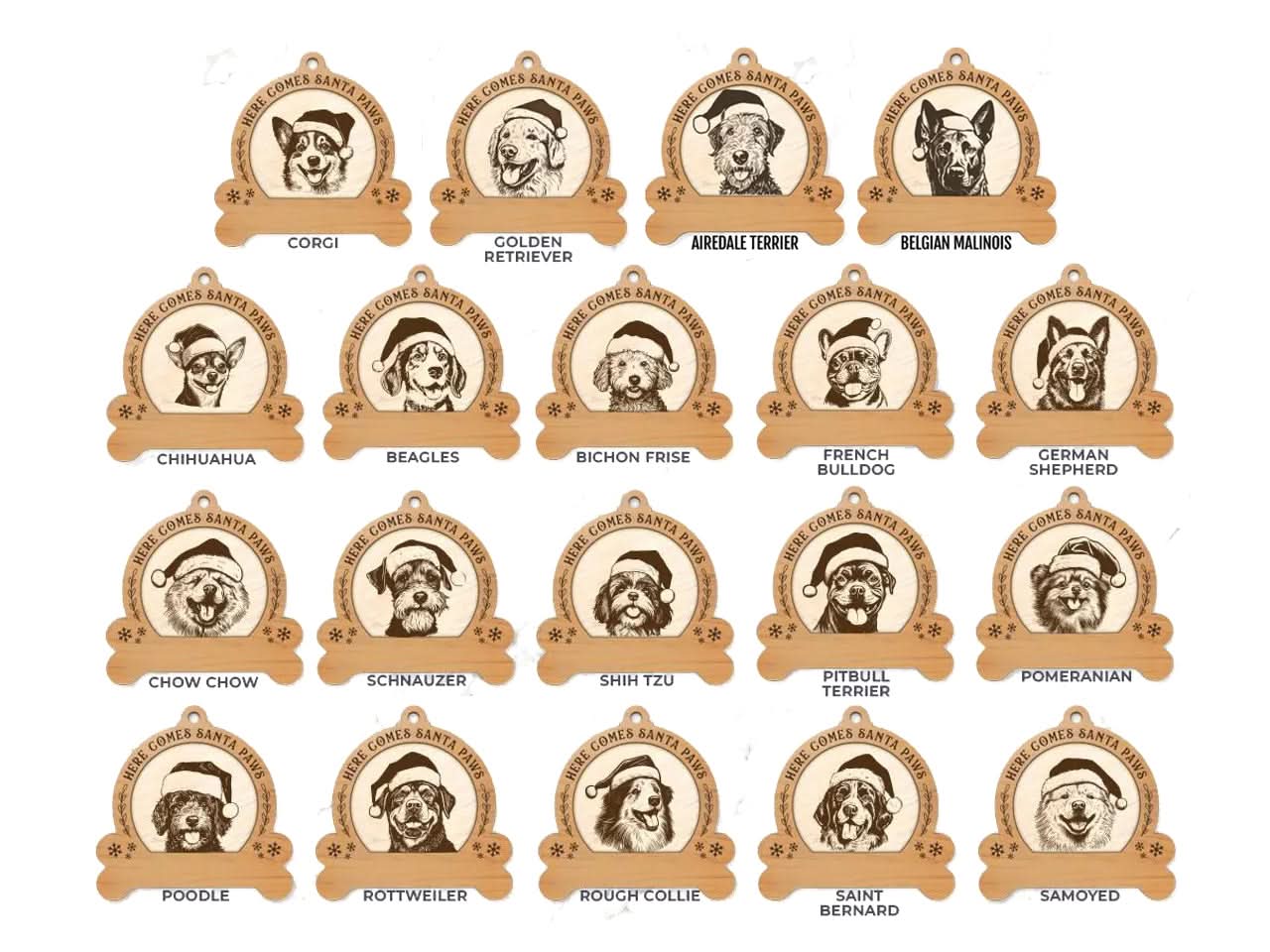 Types of a dog breed ornament showing the personalized pet name detail from The Texas Gift Company