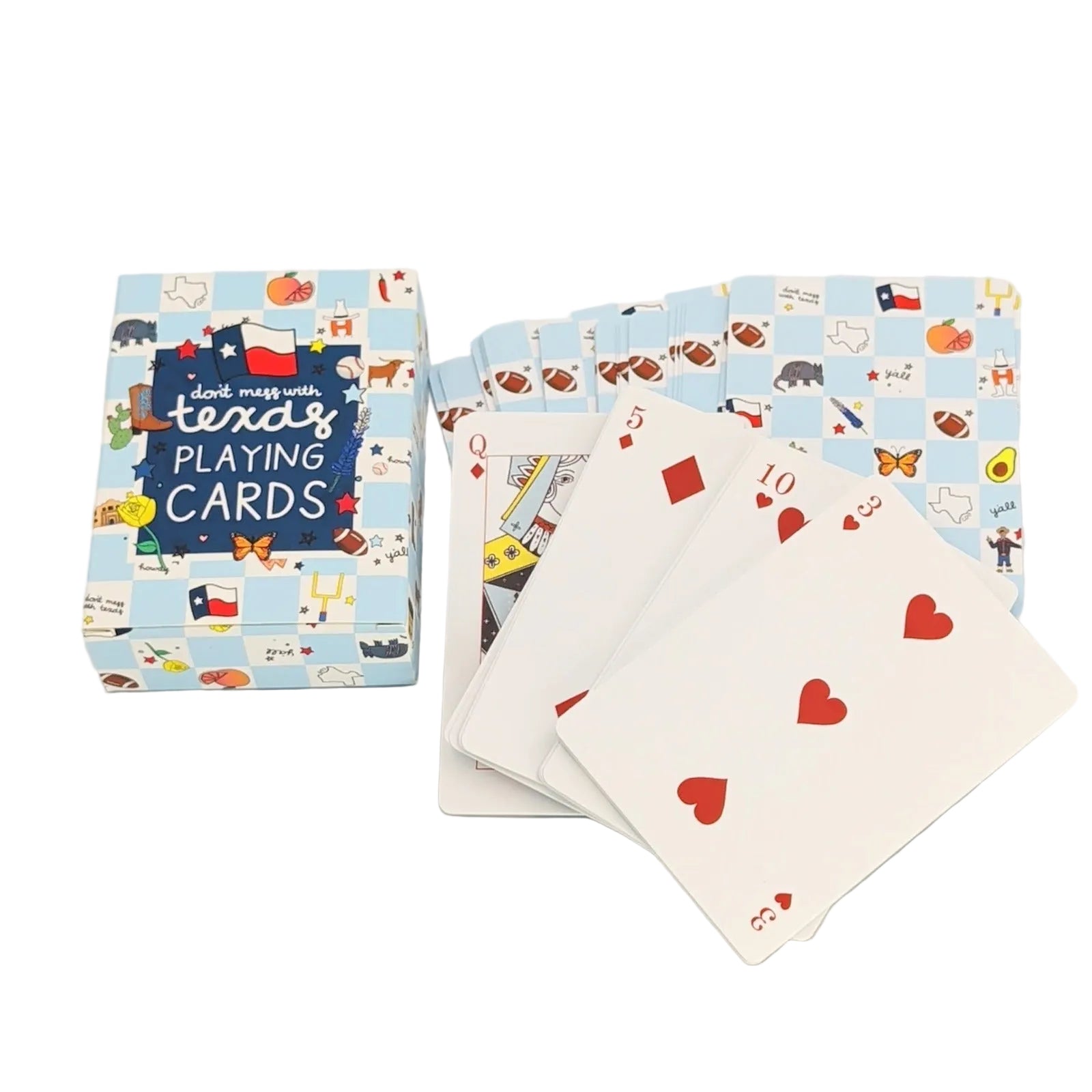 Texas themed playing cards displayed with a patterned deck box and several cards fanned out, featuring Texas icons, flags, and playful illustrations on a white background.