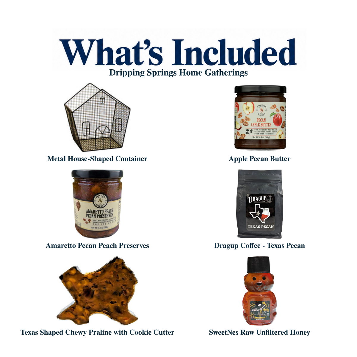 What's included in Dripping Springs Home Gatherings from The Texas Gift Company: each included item individually labeled.